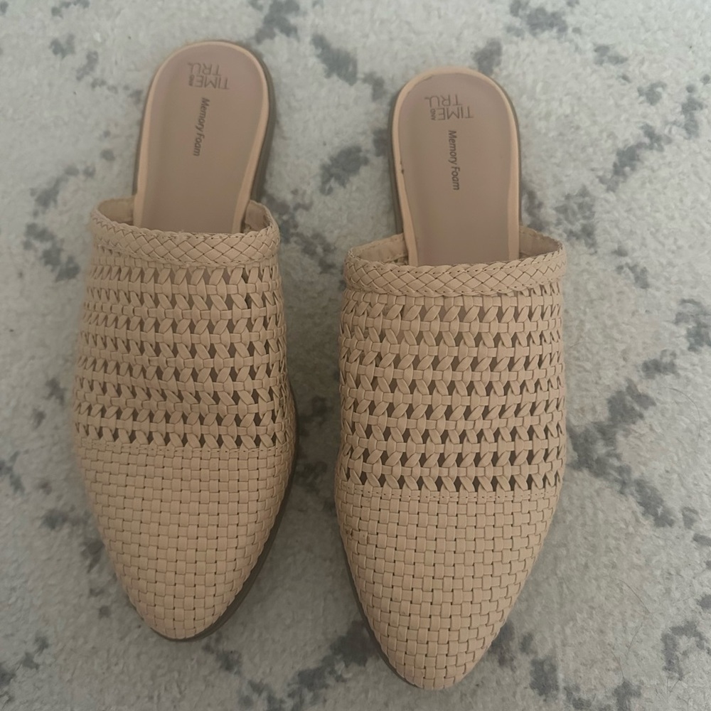 Time and Tru Tan Woven Mules with Pointed Toe